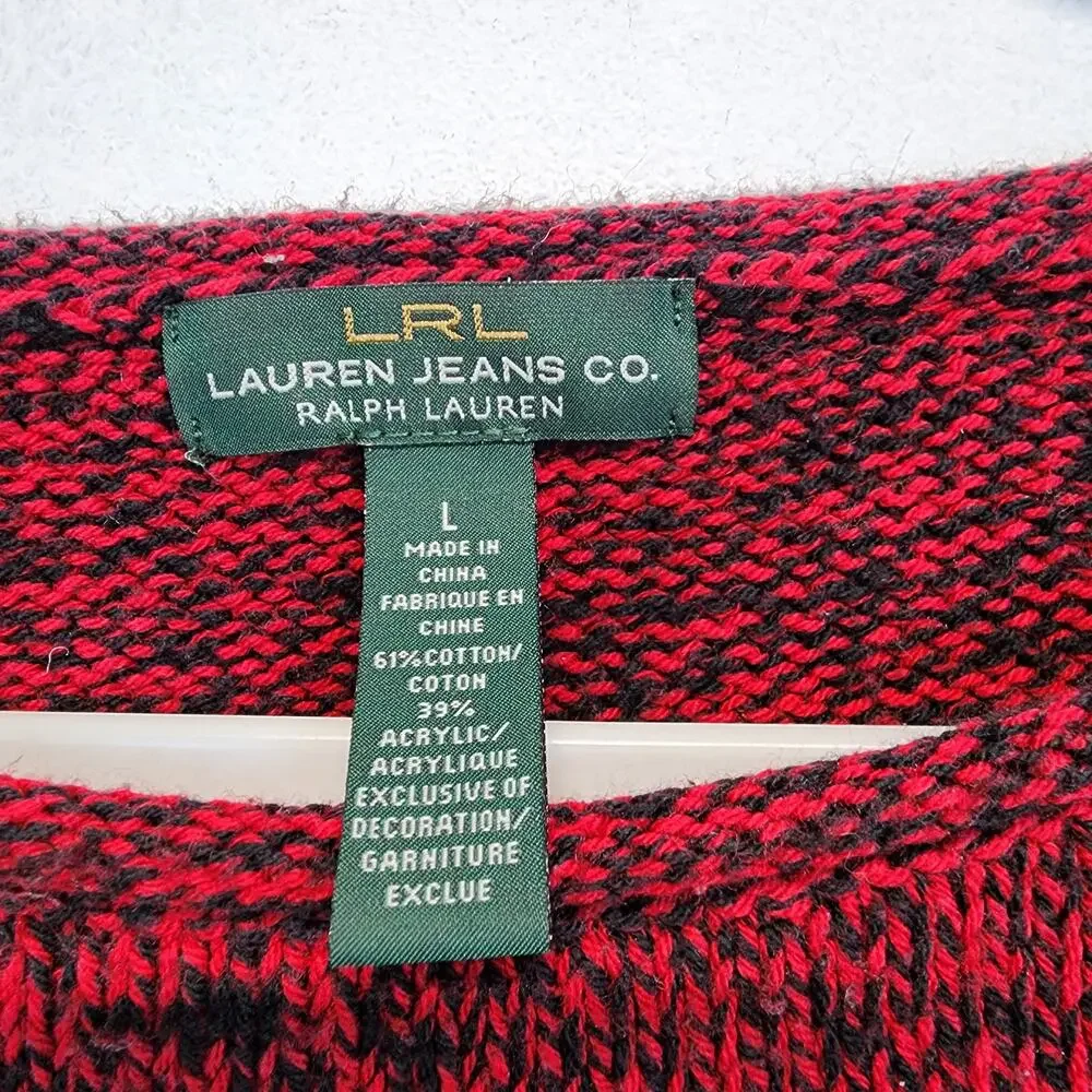 LRL Ralph Lauren Womens Boat Roll Neck Sweater Size L Red Black Tight Knit